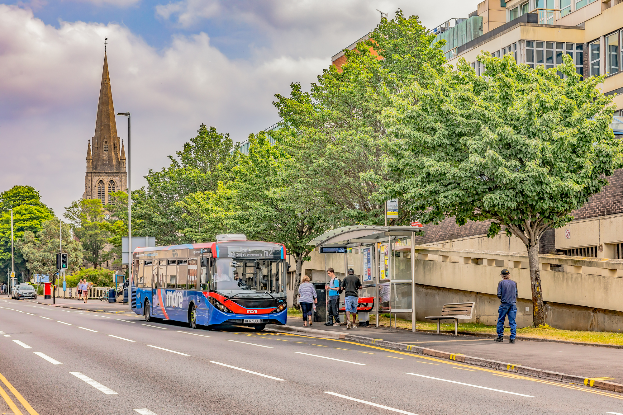 A morebus branded bus outside Poole Hospital in Poole, Dorset