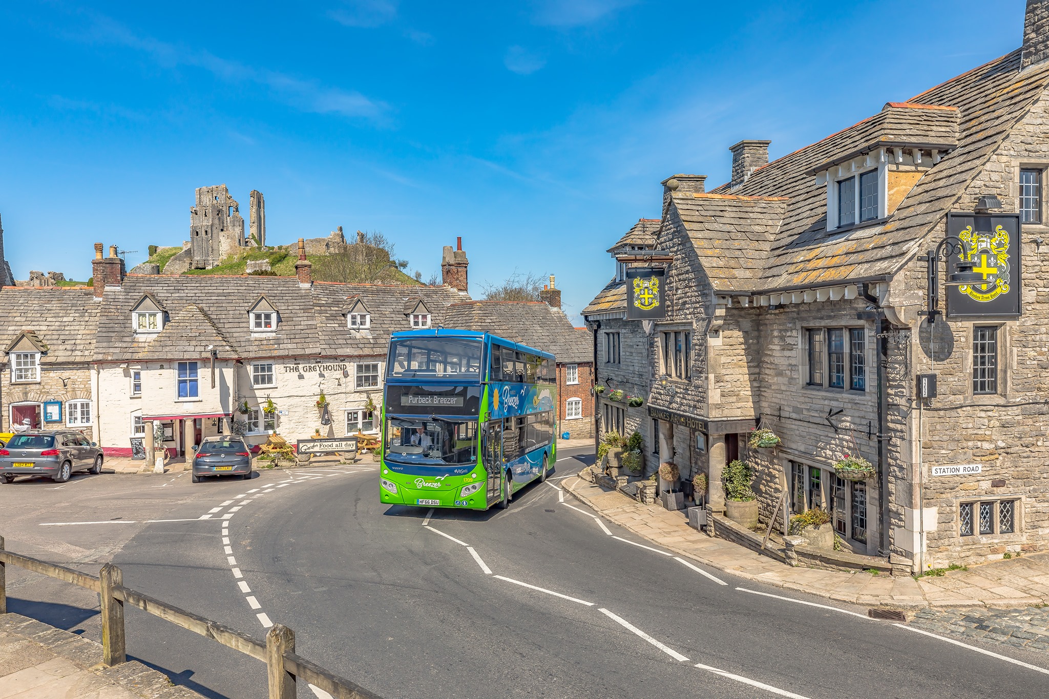 Photo of a Purbeck Breezer bus at Corfe Castle