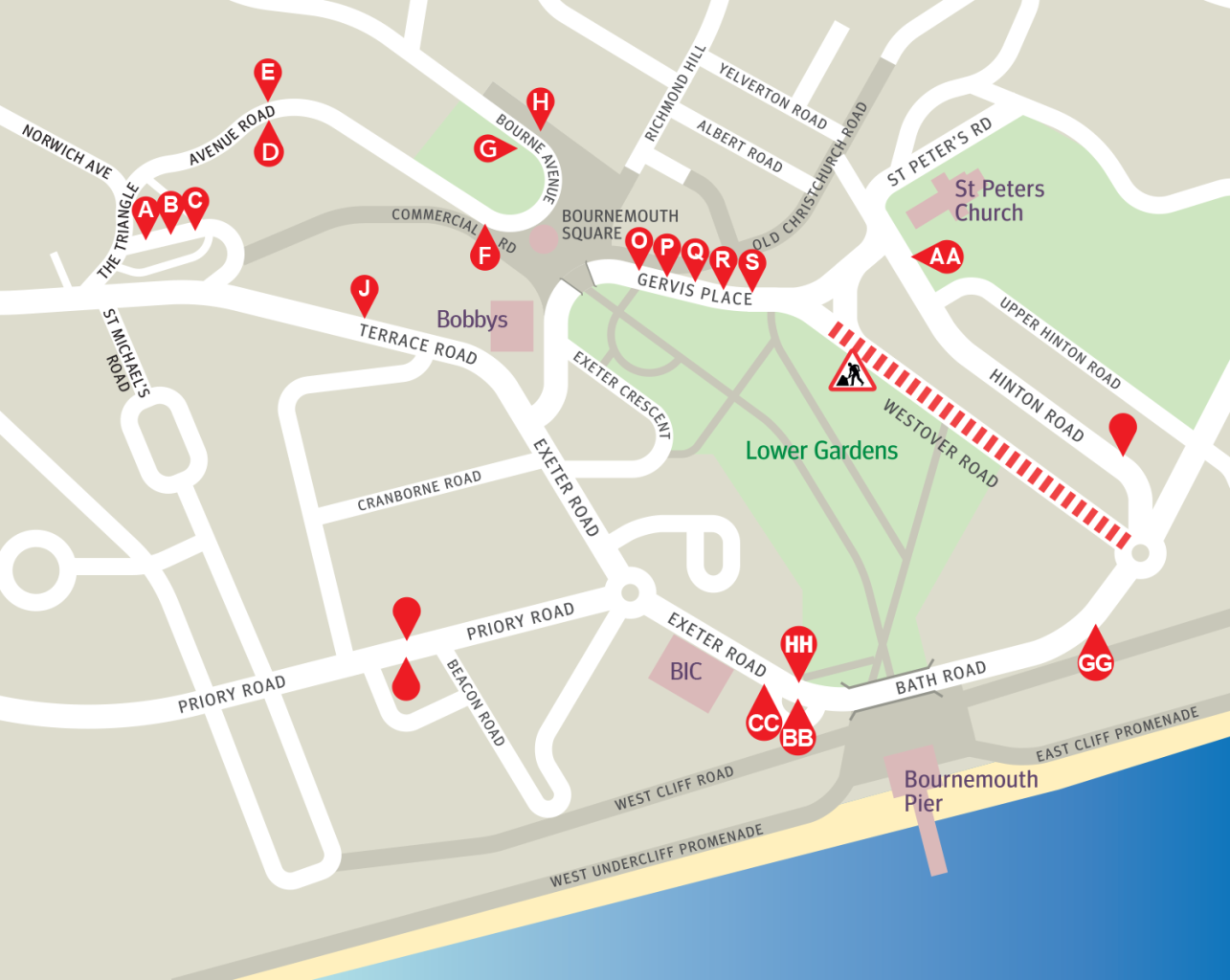 Map of Bournemouth town centre showing temporary/alternative bus stops during BCP resurfacing works