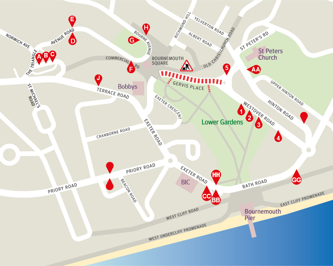 map of bus stops in central bournemouth
