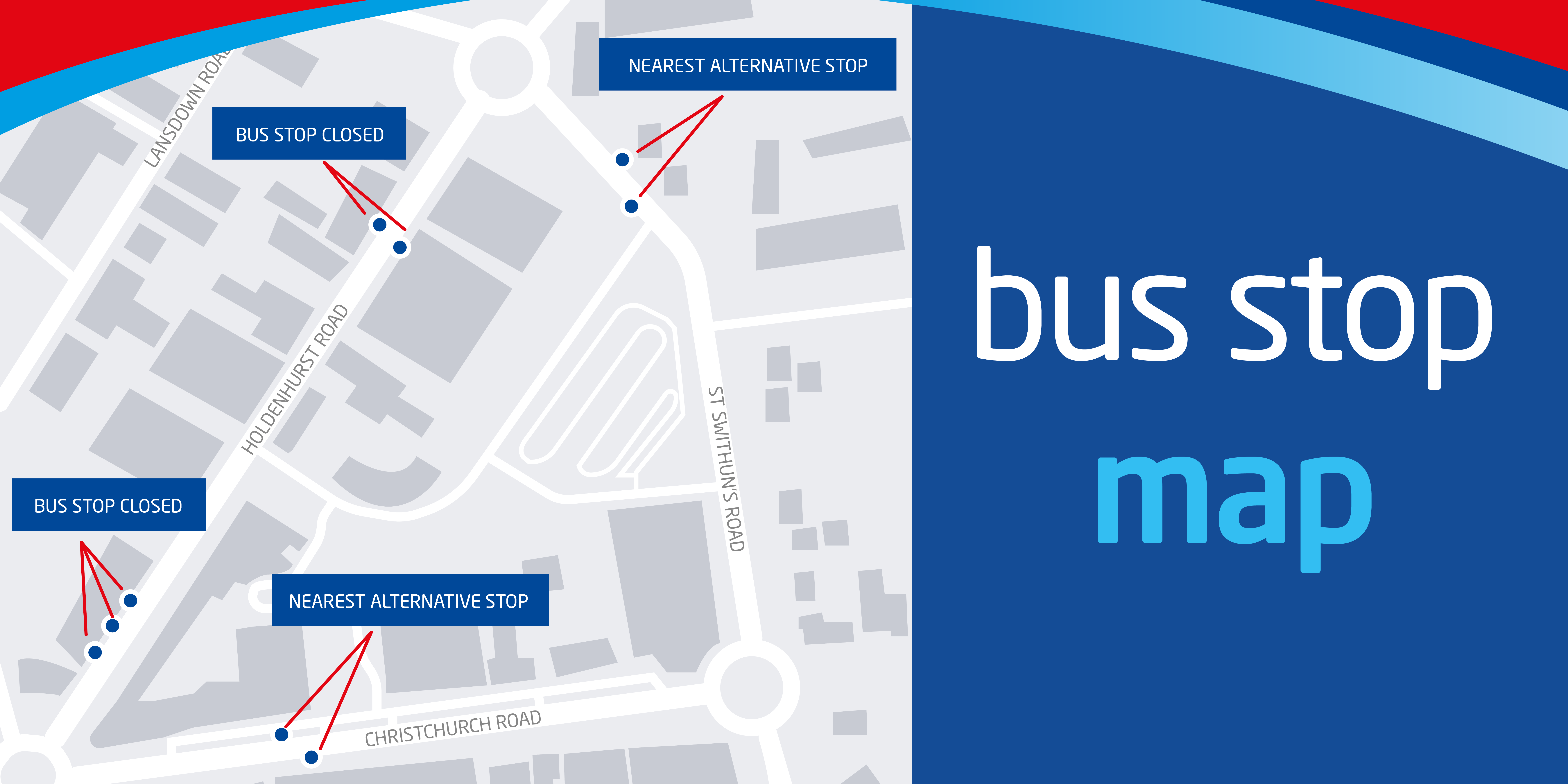 Image of a map showing which bus stops are closed, and which are the nearest alternative stops to use