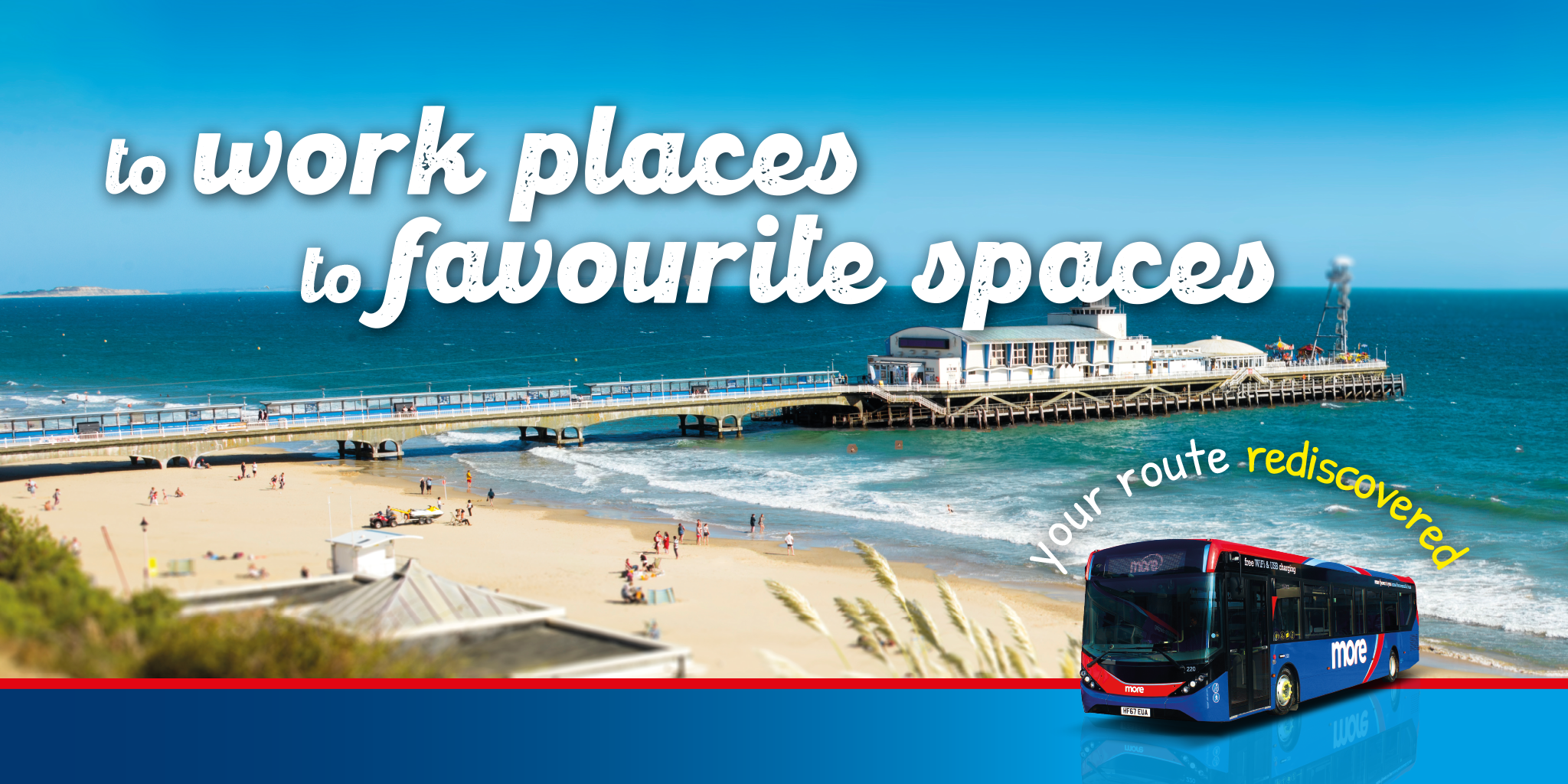 Photo of Bournemouth Pier & Beach with the text 'to work places, to favourite spaces. Your route rediscovered'