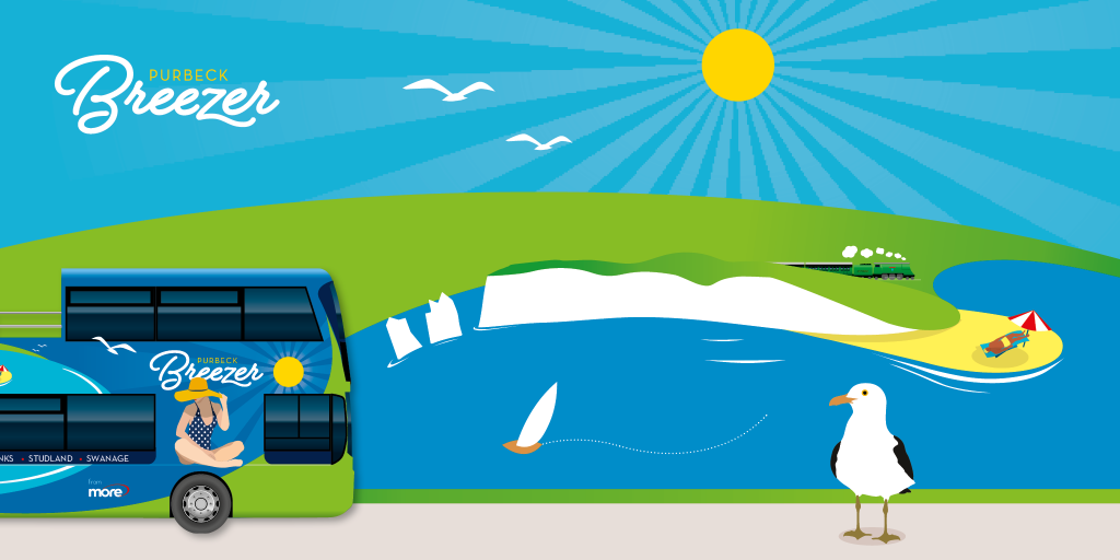 Purbeck Breezer bus on the coast cartoon image