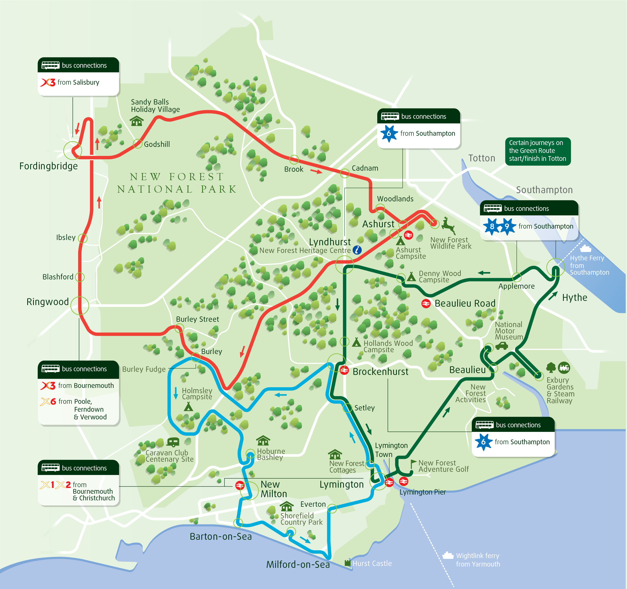Map showing the 3 routes of the New Forest Tour