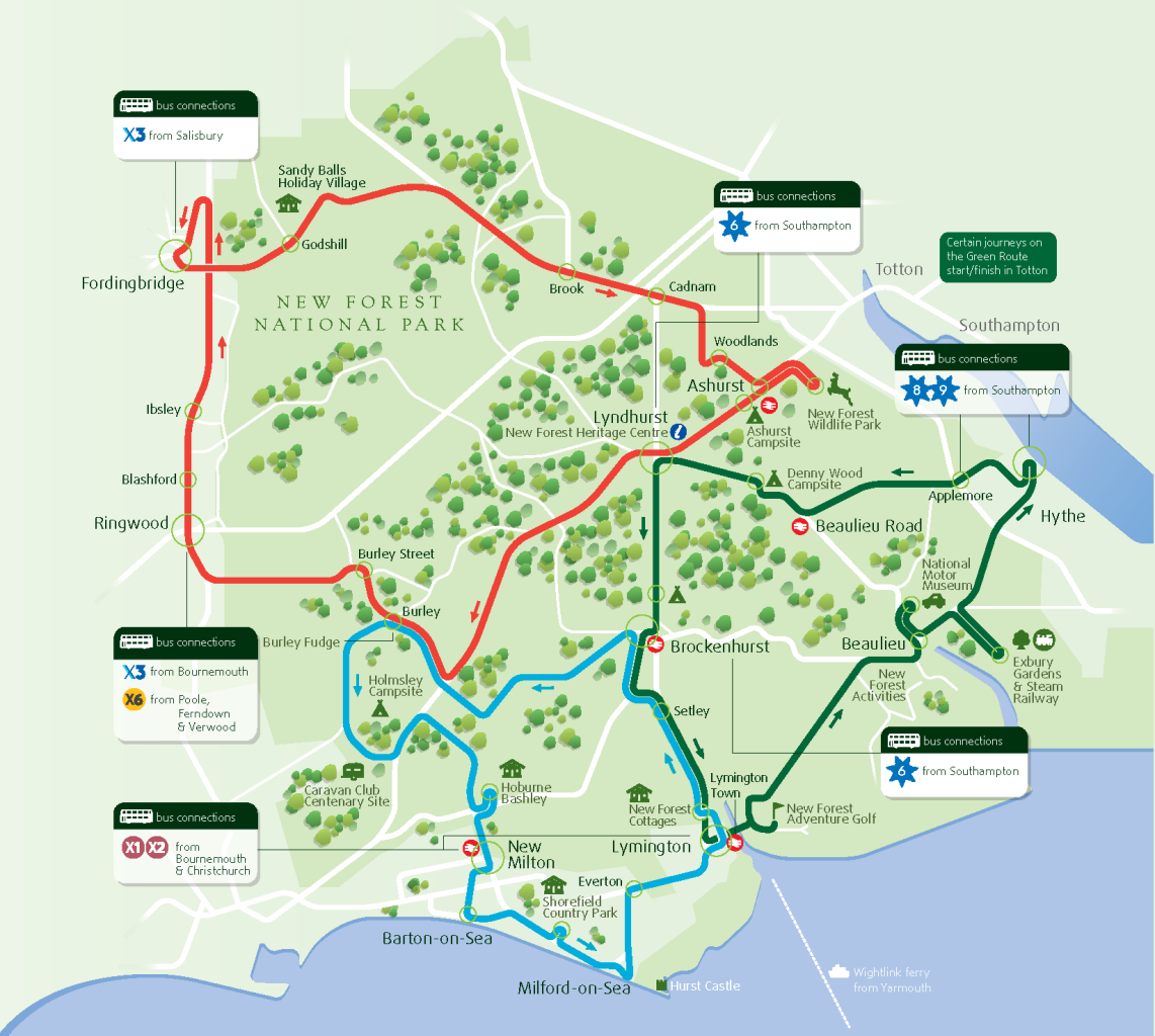 Map of the New Forest Tour network. showing all three routes