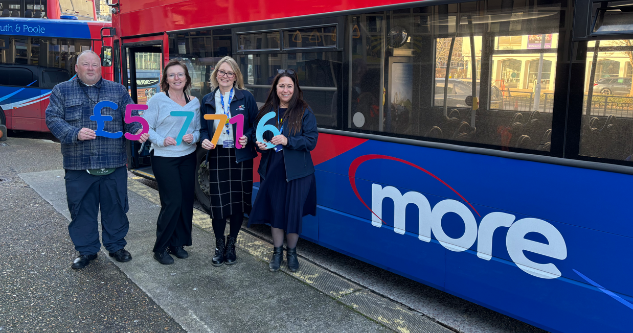 People holding up numbers next to a bus