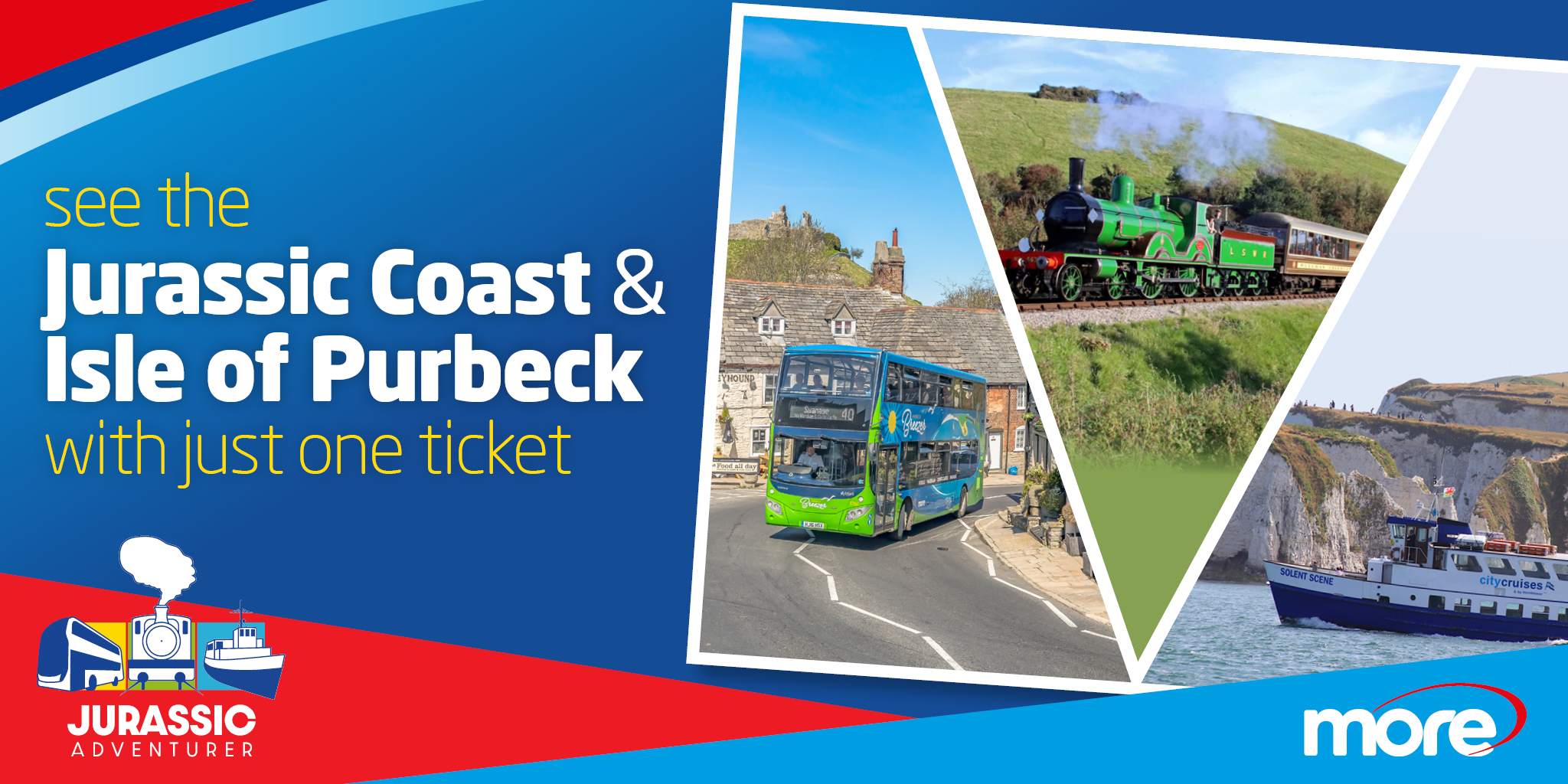 Jurassic Adventurer ticket.  Pic of Bus, boat and train