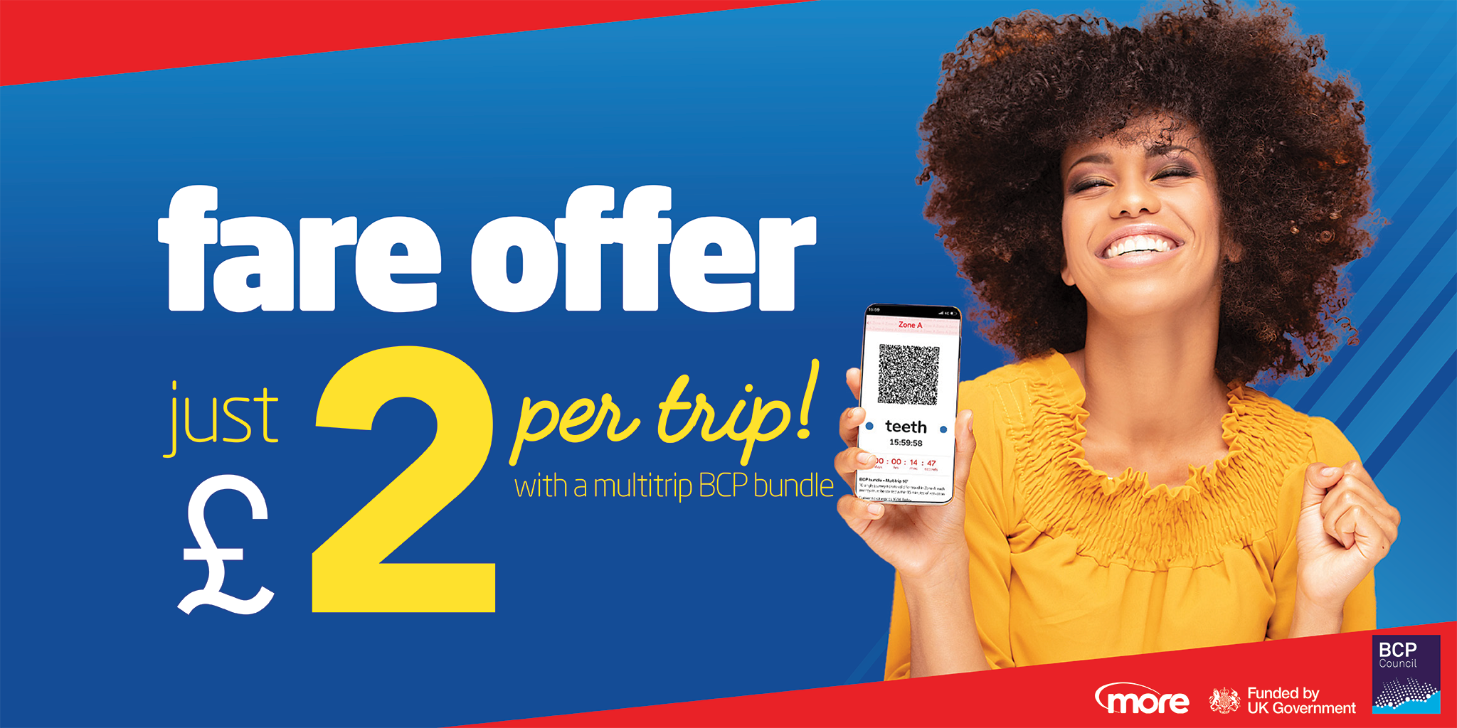 happy woman with a £2 bus app ticket