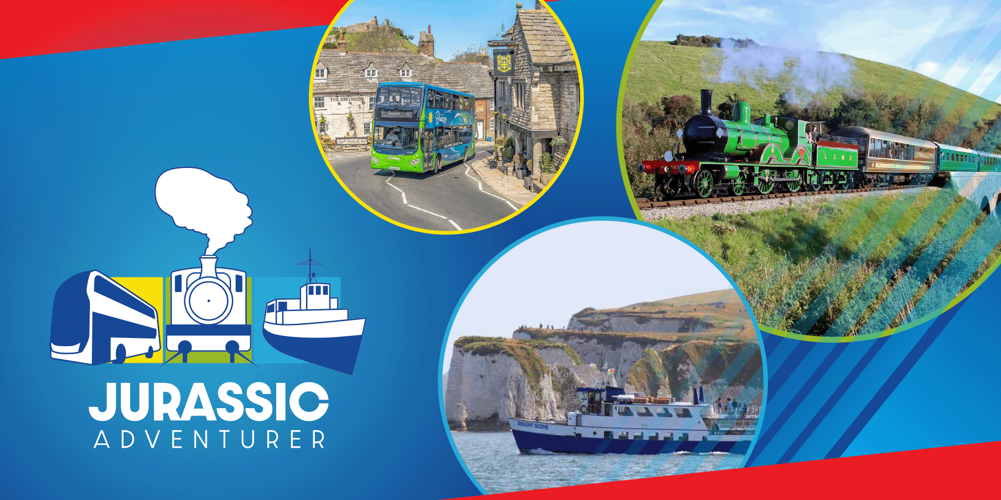 bus, steam train and boat