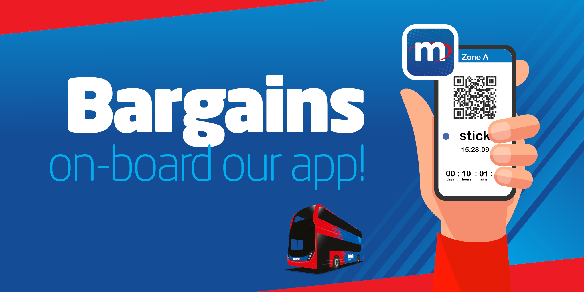 Bargains on-board our app! Image of a hand holding up a phone showing an app ticket