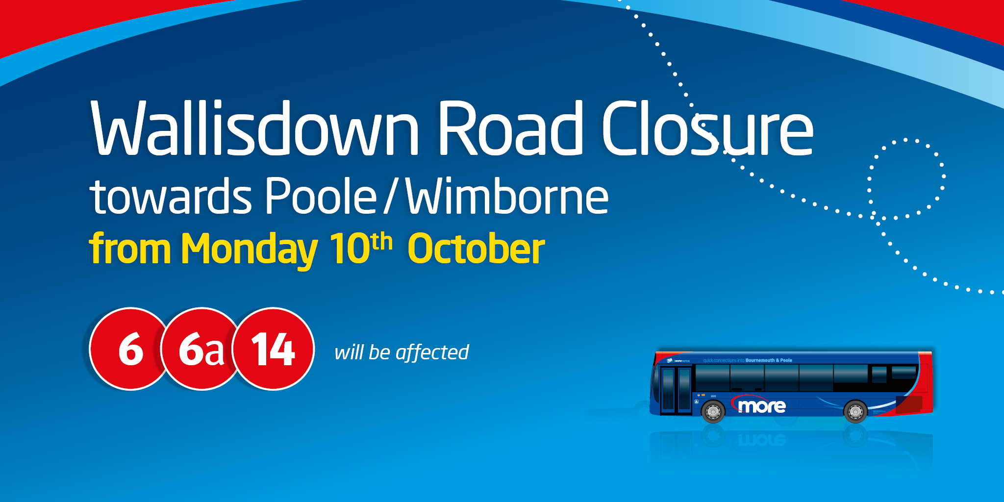 morebus web box for the Wallisdown Road Roadworks with routes 6, 6a, and 14 showing for services towards Poole/Wimborne