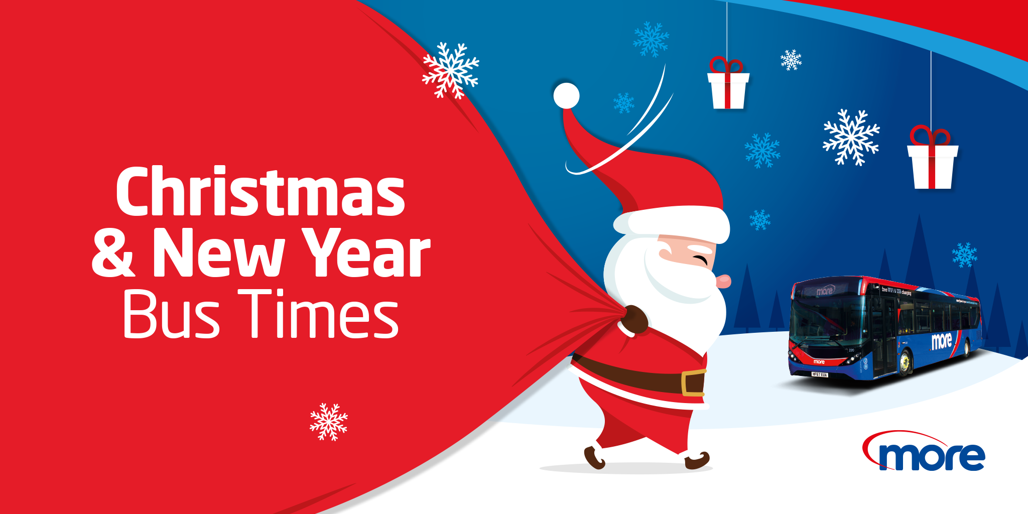 Image of Santa carrying his Christmas sack with text saying 'Christmas & New Year Bus Times'