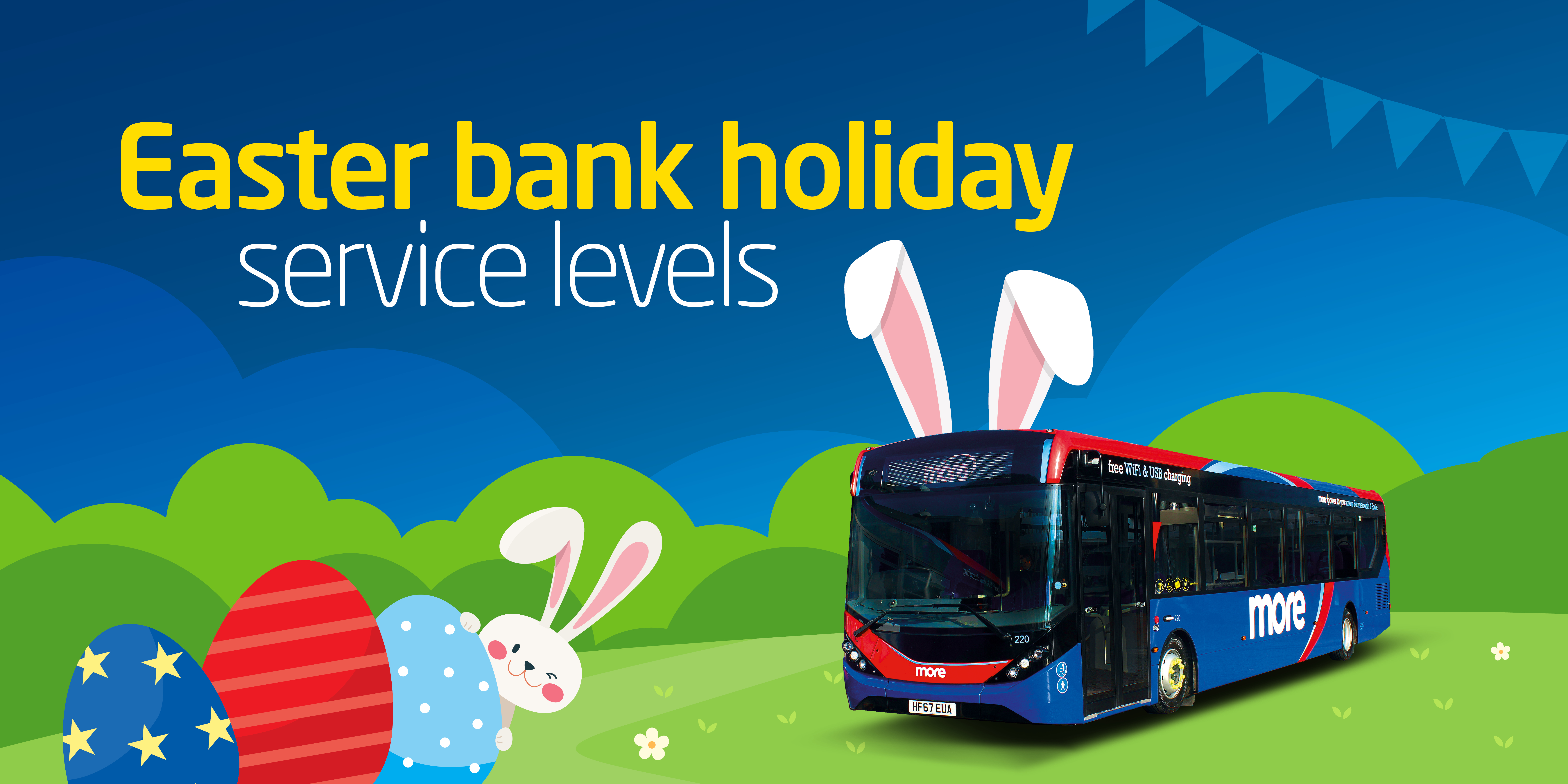 Image of a morebus with text reading 'Easter bank holiday service levels'