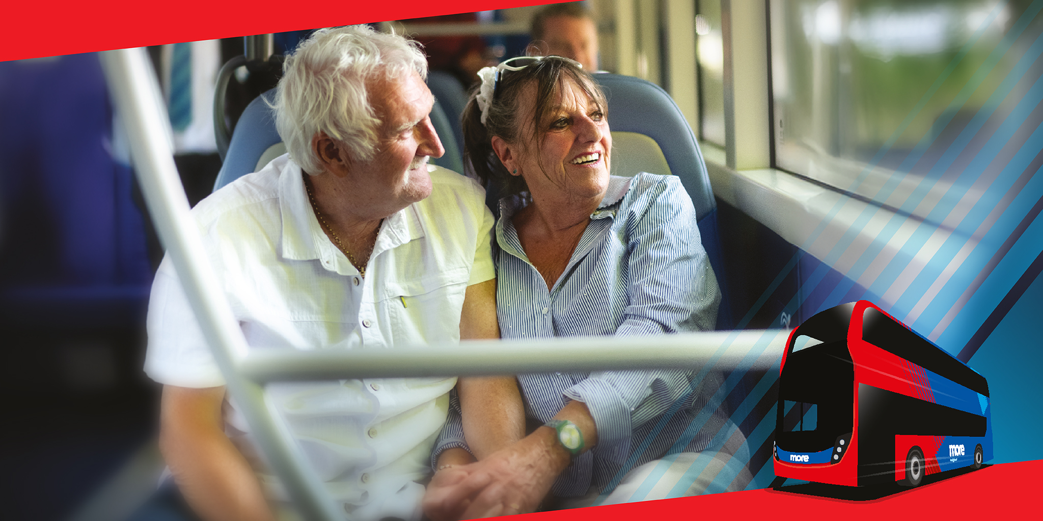 older couple on a bus looking out the window