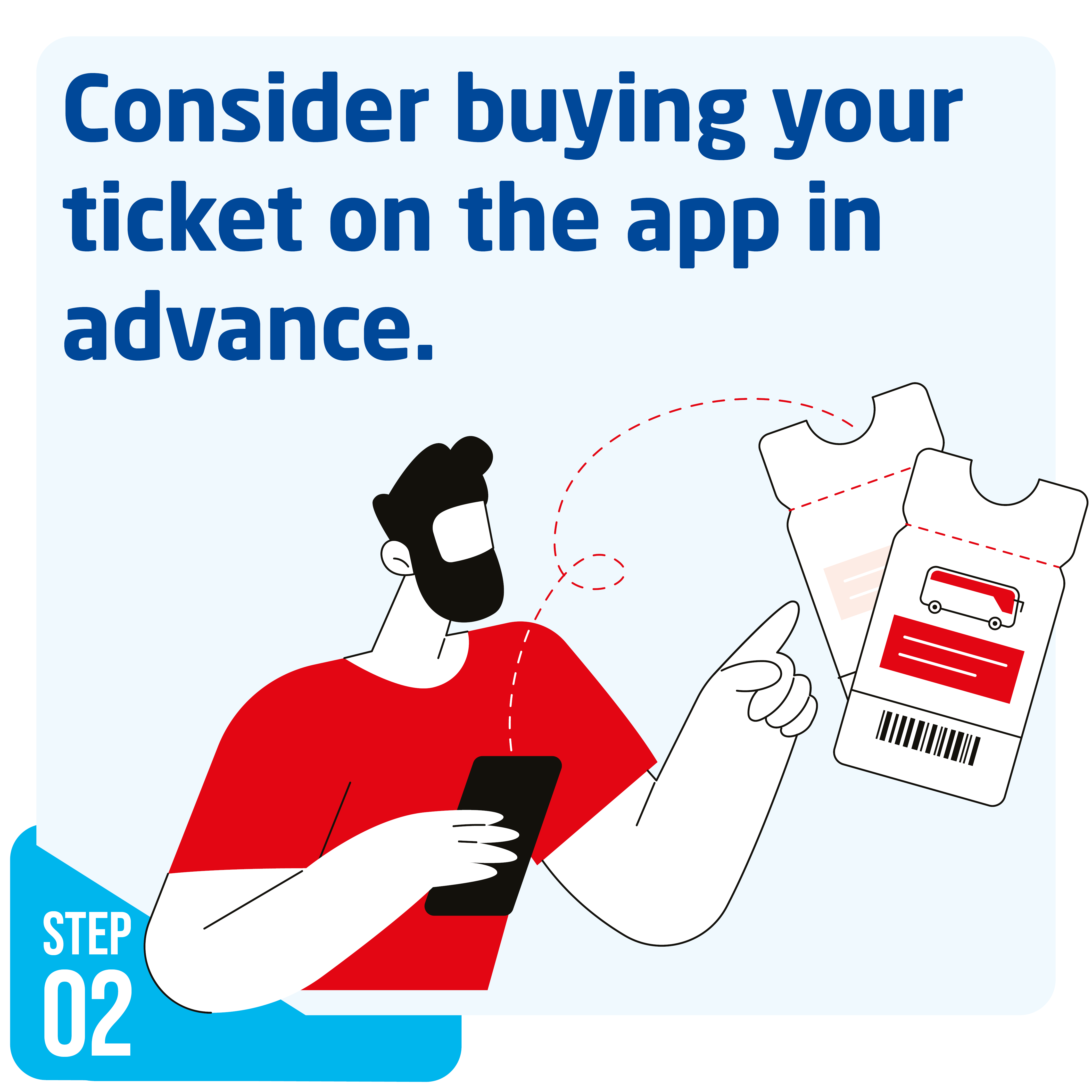 Consider buying your ticket on the app image of a man with his phone and a ticket