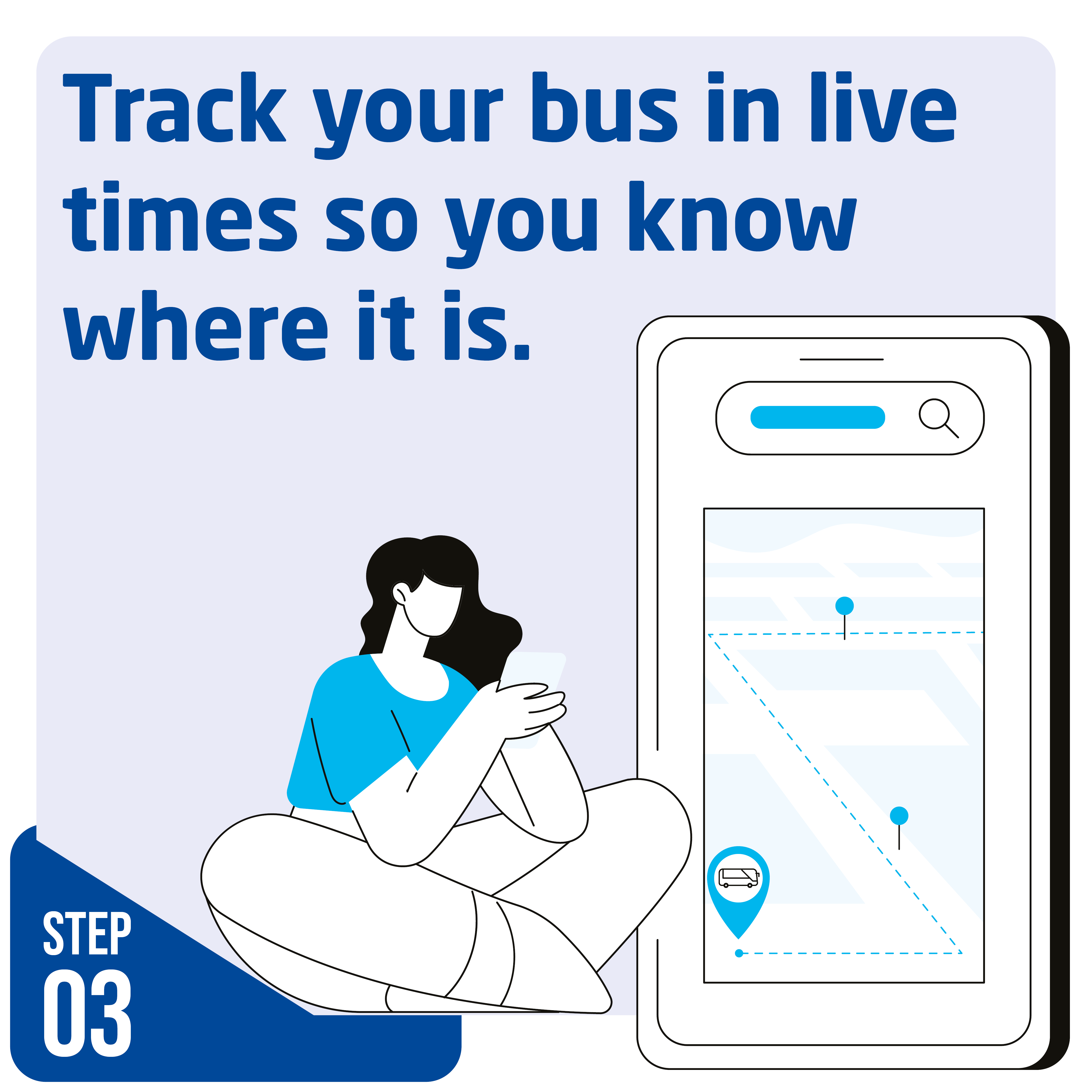 track your bus in live times image of someone sitting cross legged on their phone