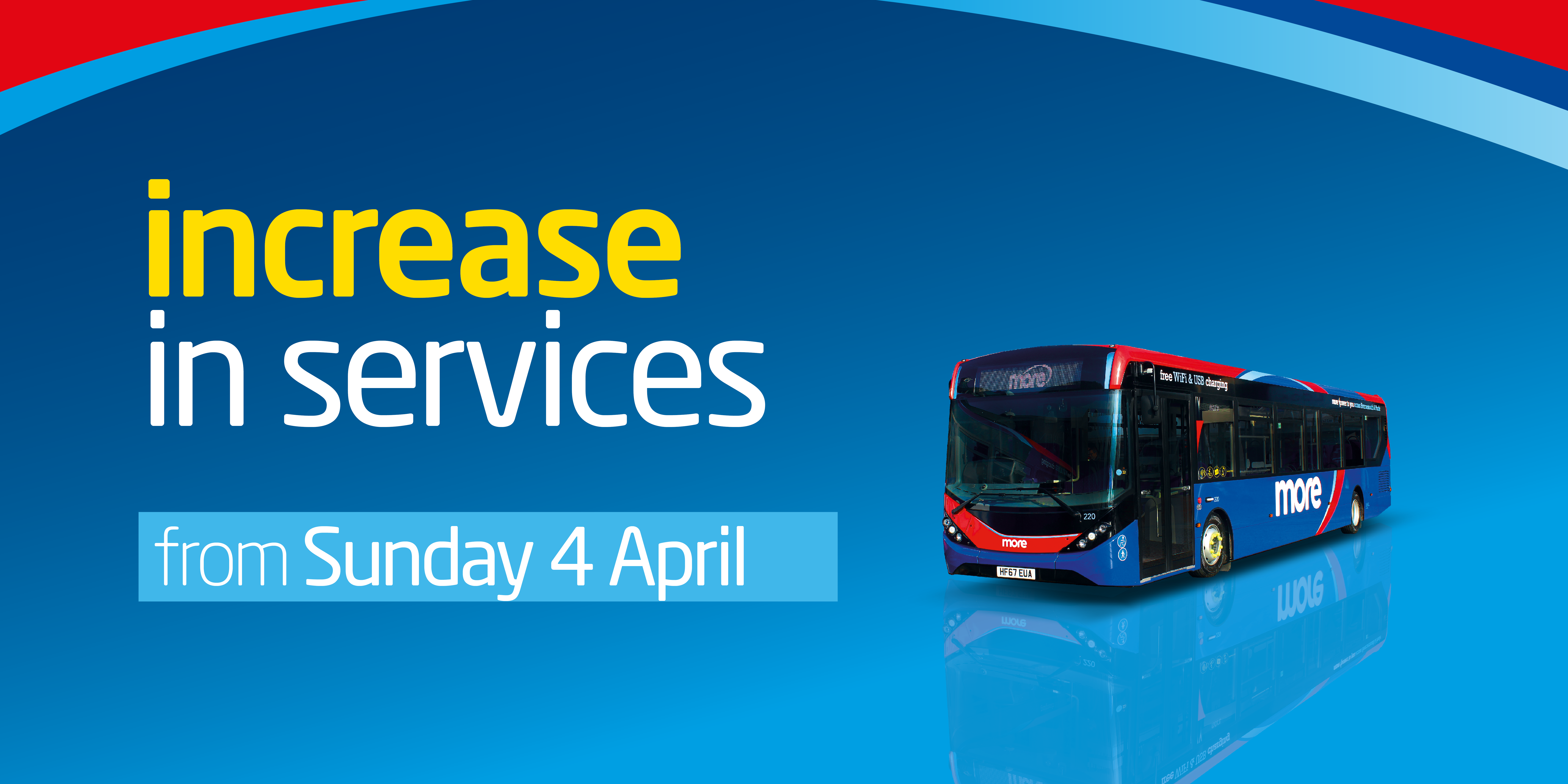 Image with a bus and text reading 'increase in services from Sunday 4th April'