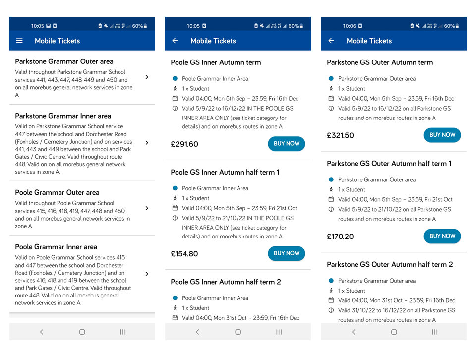 morebus app screenshots showing information about school tickets available