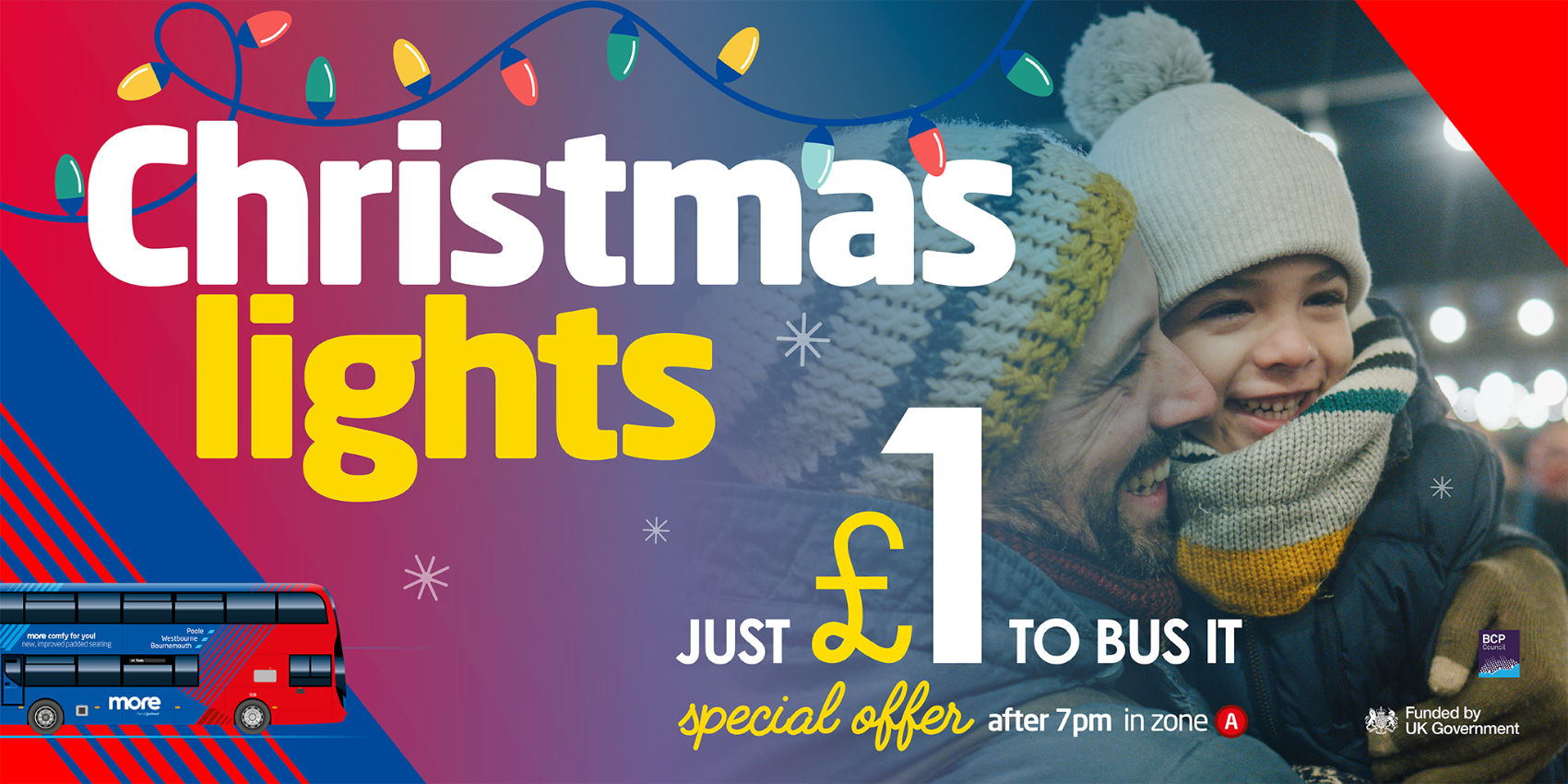 Christmas light, just £1 to bus it - image of a father and child looking at lights